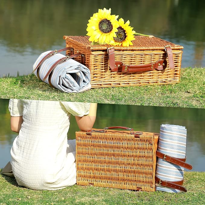 Picnic Basket for 4 Persons with Waterproof Picnic Blanket and Insulated Cooler, Large Wicker Picnic Basket for Camping, Outdoors, Valentine's Day, Christmas, Birthday, Wedding Gift
