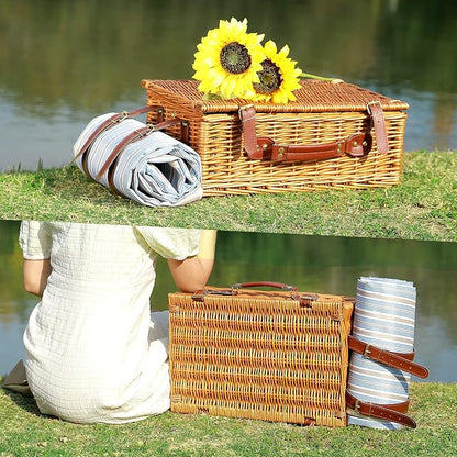 Picnic Basket for 4 Persons with Waterproof Picnic Blanket and Insulated Cooler, Large Wicker Picnic Basket for Camping, Outdoors, Valentine's Day, Christmas, Birthday, Wedding Gift