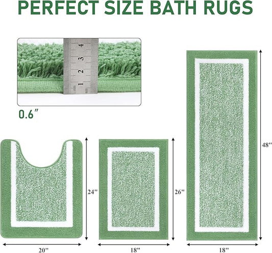 Pauwer Bathroom Rug Mat Set 3 Piece, Microfiber Shaggy Bath Set, Non-Slip Ultra Soft Carpet Mats, Absorbent with U-Shaped Toilet for Bathroom, Tub, Shower, Green