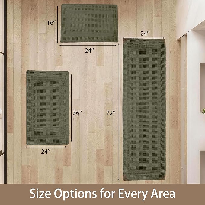 Waffle Bath Mat Non Slip, Boho Bathroom Rug, Super Absorbent Quick Dry Bathroom Mat, Soft Farmhouse Bath Rug with Tassels, Small Washable Shower Mats for Floor 24"x36", Square Olive Green