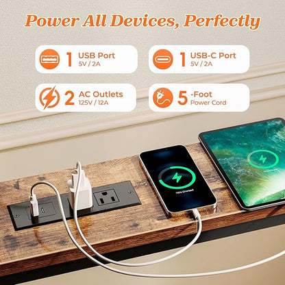 SUPERJARE 86.6 Inch Sofa Table with 2 Power Outlets and USB-C Ports, 5.9 Inch Narrow Console Table with Storage, Long Entryway Hallway Couch Table Behind Sofa, Small Spaces, Living Room, Rustic Brown