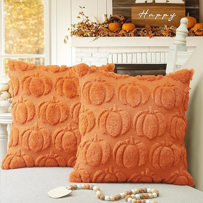 GEEORY Fall Pumpkins Soft Plush Pillow Covers, 24 x 24 Inch Set of 2, Fluffy Faux Fur Wool Decorative Farmhouse Cushion Case for Sofa Home Decoration Orange Pumpkin GC021-24