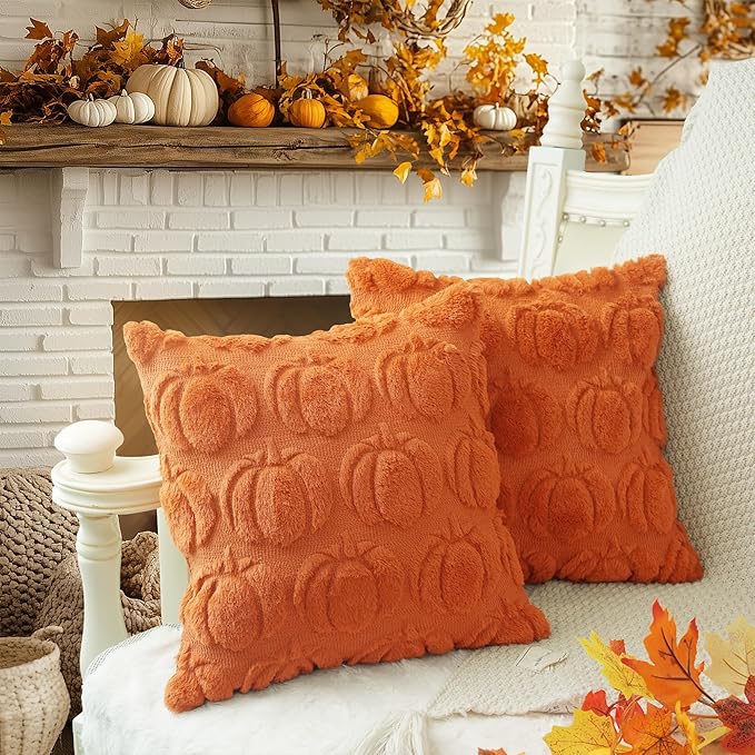 GEEORY Fall Pumpkins Soft Plush Pillow Covers, 26 x 26 Inch Set of 2, Fluffy Faux Fur Wool Decorative Farmhouse Cushion Case for Sofa Home Decoration Orange Pumpkin GC021-26