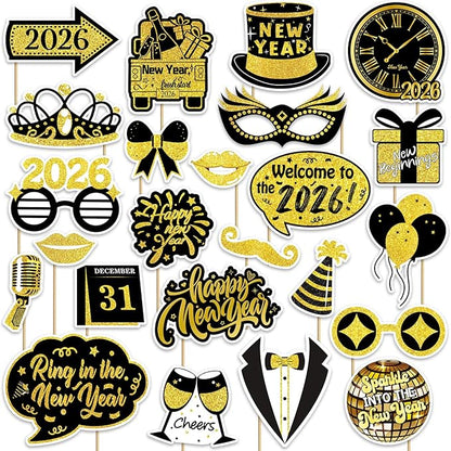 2026 Happy New Years Photo Booth Props, Black Gold New Years Eve Photo Props for 2026 New Year Eve Party Favor Supplies Decorations (24Pcs)