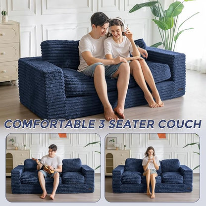 MAXYOYO 3-Seater Boneless Sofa Couch in a Box, Modern Faux Fur Sofa for Living Room, Soft High-Density Foam Couch with Pillows, Fluffy & Supportive Lounge, No Assembly Required, Navy