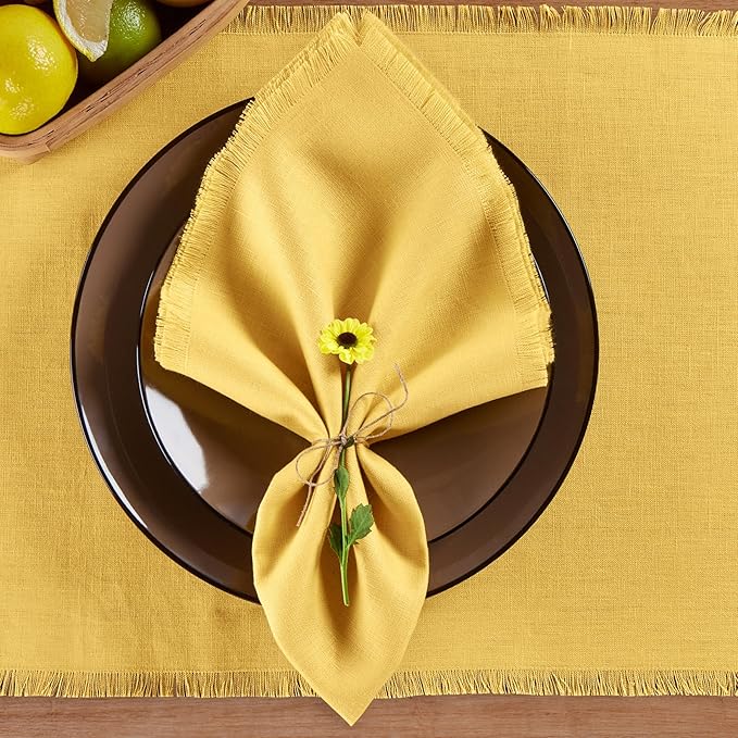 Solino Home Fringe Linen Cloth Napkins Set of 4-100% Pure Linen Marigold Yellow Dinner Napkins 20 x 20 Inch - Handcrafted and Machine Washable