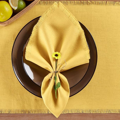Solino Home Fringe Linen Cloth Napkins Set of 4-100% Pure Linen Marigold Yellow Dinner Napkins 20 x 20 Inch - Handcrafted and Machine Washable