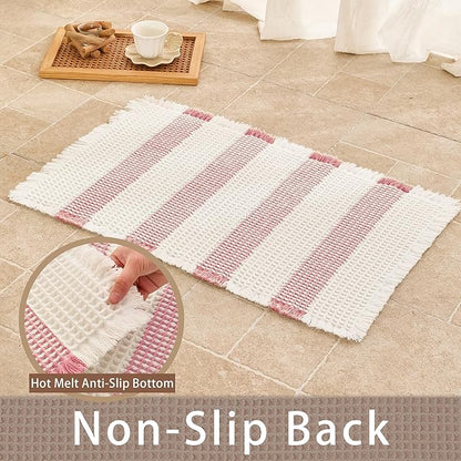 Waffle Bath Mat Non Slip, Boho Bathroom Rug, Super Absorbent Quick Dry Bathroom Mat, Soft Farmhouse Bath Rug with Tassels, Small Washable Shower Mats for Floor 16"x24", White and Pink