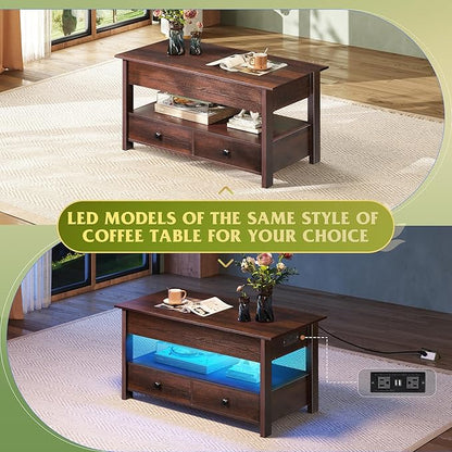 WLIVE Coffee Table, Lift Top Coffee Table with 2 Drawers, Large Hidden Compartment and Open Storage Shelf, Lift Tabletop, Dining Table for Living Room, Espresso