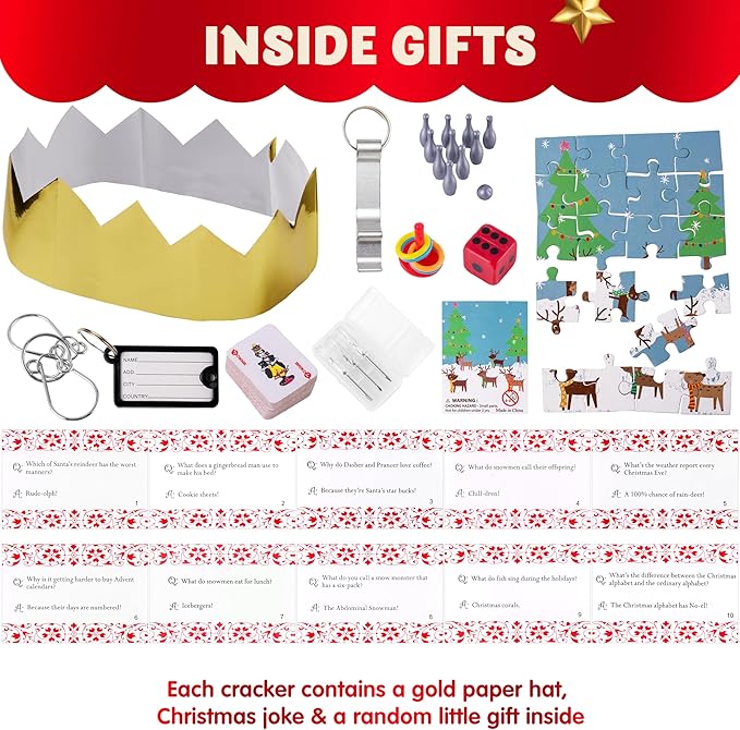 JOYIN 10 Pack Christmas Non-Snap Party Favor, Classic Table Favor Includes Party Hat, Jokes & Gifts, Christmas Table Decorations for Holiday Dinner Traditions Party Supplies