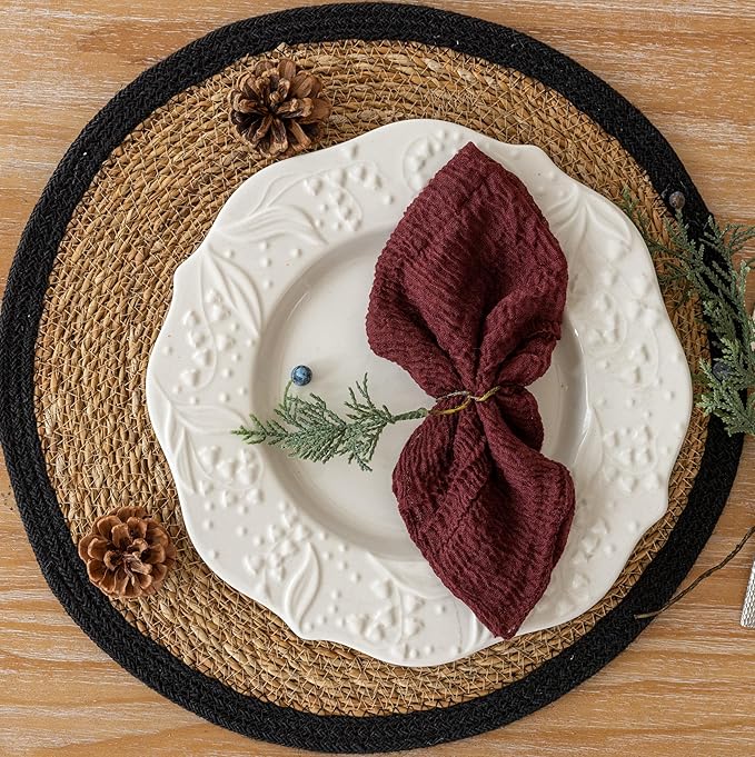 Cheesecloth Napkins 17x17 Inches Cloth Napkins Reusable Handmade for Lunch Dinner Wedding Baby Shower Bridal Shower Party Rustic Boho Decorations Bulk Set of 10 Burgundy