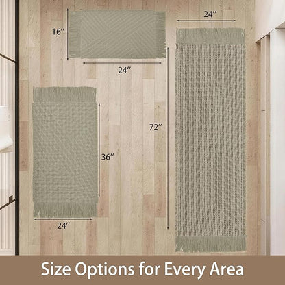 Waffle Bath Mat Non Slip, Boho Runner Rug, Super Absorbent Quick Dry Long Bath Runner Bathroom, Soft Farmhouse Bath Rug with Tassels, Washable Shower Mats for Floor 24"x48", Tassels Sage Green