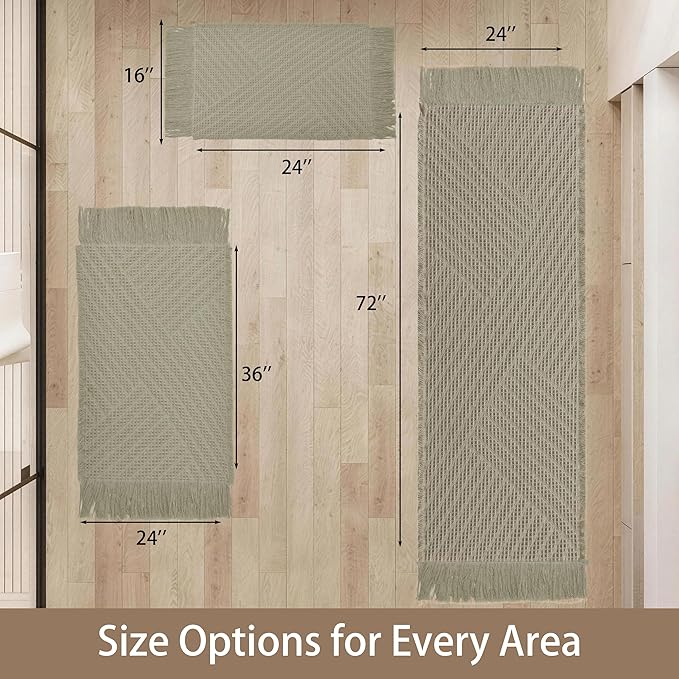 Waffle Runner Rug Non Slip, Boho Bath Mat, Super Absorbent Quick Dry Long Bath Runner Bathroom, Soft Farmhouse Bath Rug with Tassels, Washable Shower Mats for Floor 24"x72", Tassels Sage Green
