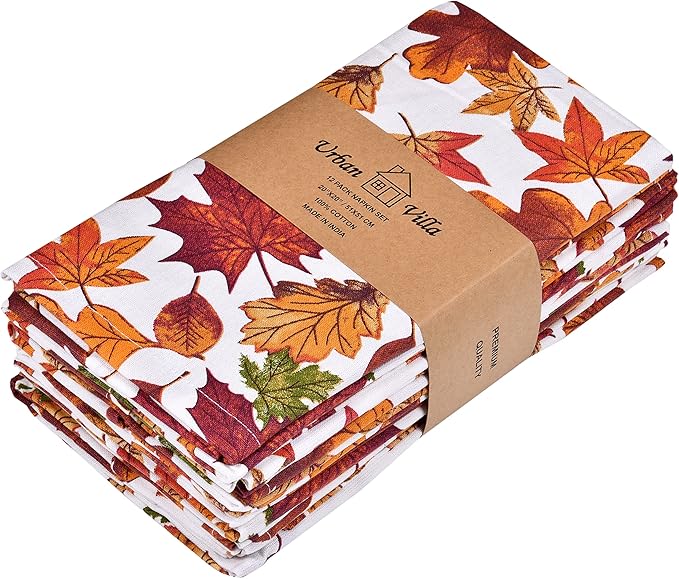 Urban Villa Cloth Napkins Set of 12 20x20 Inches 100% Cotton Napkins Cloth Washable Durable Reusable Absorbent Table Dinner Napkins Cloth for Thanksgiving Hotel Lunch Restaurant Parties – Leaves Print