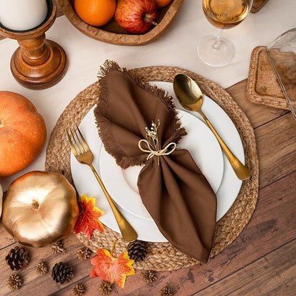 Blue Needles Handmade Cotton Linen Cloth Napkins with Fringes - Set of 6 Nut Brown Dinner Table Napkins 18x18 Inch Hemmed Edges Washable, Soft, Reusable, Perfect for Fall Thanksgiving & Family Dinner