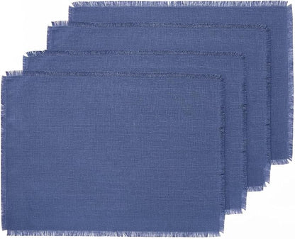 Solino Home Fringe Linen Placemats Set of 4 - Vintage Blue Placemats 14 x 19 Inch - 100% Pure Linen Table Mats
