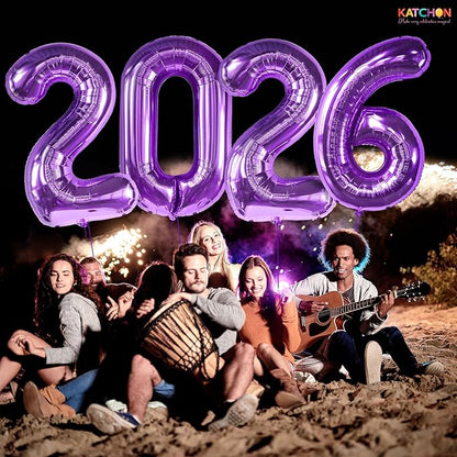 Katchon, Giant Purple 2026 Balloons - 42 Inch | Happy New Year Balloons | 2026 Balloon Numbers | Silver Balloon for New Years Decorations 2026 | NYE Decorations | New Years Eve Party Supplies 2026