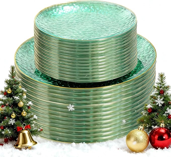 SUT 100Pcs Green Plastic Plates, Hammered Plates Disposable Heavy Duty, Green Disposable Plates With Gold Rim, Fancy Plastic plates Include 50 Dinner and 50 Dessert plates for Wedding