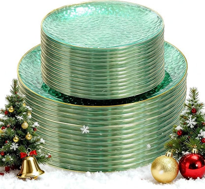 SUT 100Pcs Green Plastic Plates, Hammered Plates Disposable Heavy Duty, Green Disposable Plates With Gold Rim, Fancy Plastic plates Include 50 Dinner and 50 Dessert plates for Wedding