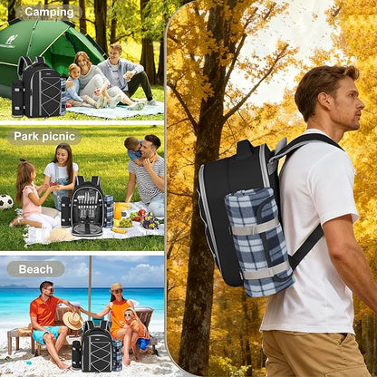 Picnic Backpack for 2 Persons with Insulated Leakproof Cooler Compartment, Cutlery Sets, Wine Holder, Fleece Blanket, Wedding Gifts for Couples, Perfect for Beach, Camping, Hiking, Black