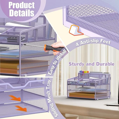 Docnest 3 Tier Mesh Desk Organizer for Paper Office Supplies – Multi-Functional Letter Tray with 5 Adjustable Compartments, 3 Pen Holders, Desktop Storage for Files, Mail, Stationery – Purple