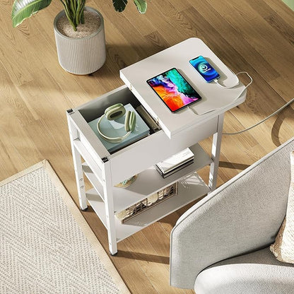 WLIVE End Table with Charging Station, Flip Top Side Table with Storage Shelf, Sofa Couch Table with USB Ports and Outlets, Narrow Bedside Table for Living Room, Bedroom ,11.81"D x 23.62"W x 24.33"H