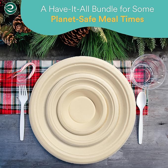 ECO SOUL 400 Pcs Compostable Dinnerware Set For 50 Guests, 50 Pcs Each Of Eco-Friendly Disposable Paper Plates Of 9"" & 6"", Cutlery, Napkins, 16 oz Bowls & 16 oz Cups For Party, Picnic & Gathering