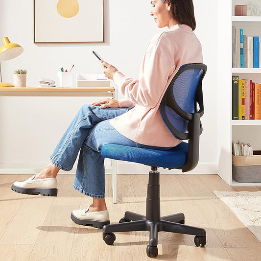 Amazon Basics Low Back Office Chair, Breathable Mesh, Height Adjustable, Padded Seat, Rolling Wheels, Swivel, Blue, 21.25" D x 22.5" W x 38" H