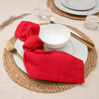 Blue Needles Set of 6 Hemstitch Linen Napkins 100% Cotton Red Cloth Dinner Napkins 18x18 inches, Soft, Reusable, Absorbent, Washable, Ideal for Fall Thanksgiving Events, Parties & Everyday Use