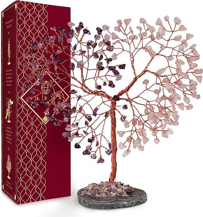Crystal Tree for Home and Office Decoration, Amethyst & Rose Quartz Healing Stones Handmade Tree of Life for Positive Energy, Money, Good Luck, Christmas Decor, Birthday Gifts for Women, Mom