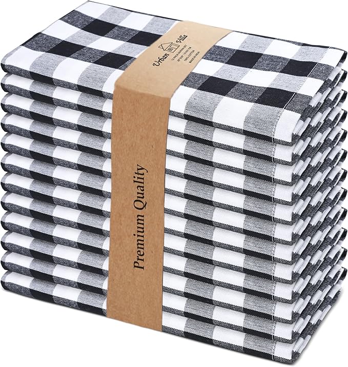 Urban Villa Cloth Napkins Set of 12 20x20 Inches 100% Cotton Napkins Cloth Washable Durable Reusable Absorbent Table Dinner Napkins Cloth for Hotel Lunch Restaurant Weddings Parties-Black white Checks