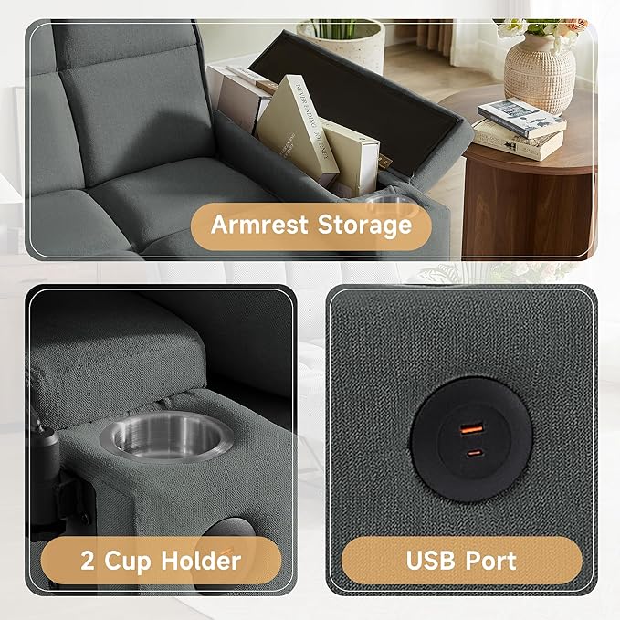 66" Multi-Functional Pull-Out Sofa Bed with Hidden Side Table, Storage Armrests, Built-in Charging Port, Spring Mattress, Solid Wood Frame – Ideal for Small Spaces, Easy Assembly
