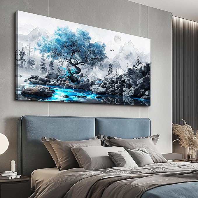 FUHAIHUA Large Wall Decor For Living Room Canvas Wall Art For Bedroom Office Decor Black And White Wall Pictures Artwork Blue Tree Landscape Painting Ready To Hang Hotel Room Home Decoration 24x48