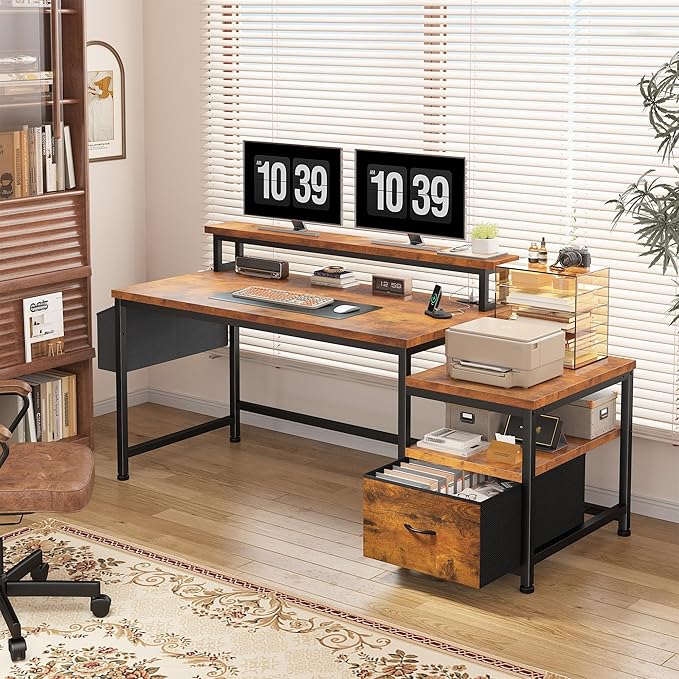 EnHomee 57" Office Desk with Drawers and Printer Space,Computer Desk with Power Outlets,Home Office Desks with File Drawers Cabinet,Study and Gaming Desk with Shelves Monitor Stand,Rustic Brown