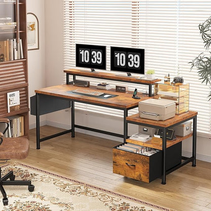 EnHomee 57" Office Desk with Drawers and Printer Space,Computer Desk with Power Outlets,Home Office Desks with File Drawers Cabinet,Study and Gaming Desk with Shelves Monitor Stand,Rustic Brown