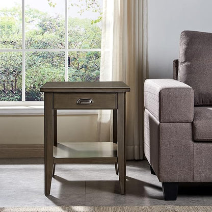 Leick Home Laurent End Table, Solid Wood, with Shelf and Drawer, Smoke Gray, 10507-GR