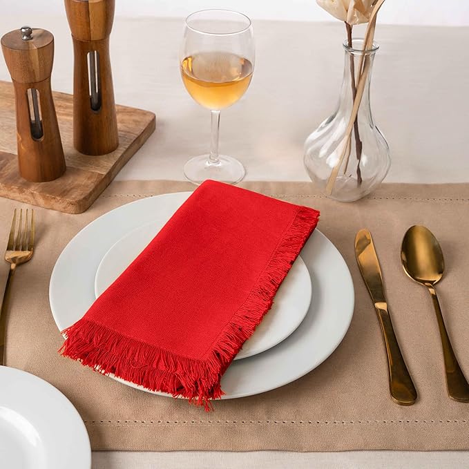 Blue Needles Handmade Cotton Linen Cloth Napkins with Fringes - Set of 6 Red Dinner Table Napkins 18x18 Inch Hemmed Edges Washable, Soft, Reusable, Perfect for Fall Thanksgiving & Family Dinner