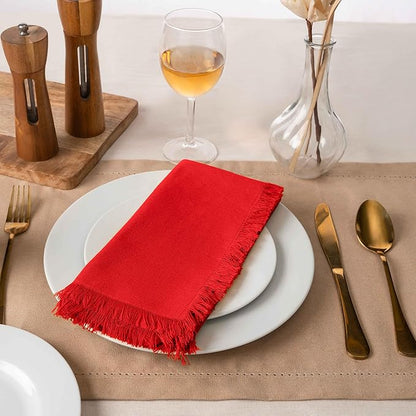 Blue Needles Handmade Cotton Linen Cloth Napkins with Fringes - Set of 6 Red Dinner Table Napkins 18x18 Inch Hemmed Edges Washable, Soft, Reusable, Perfect for Fall Thanksgiving & Family Dinner