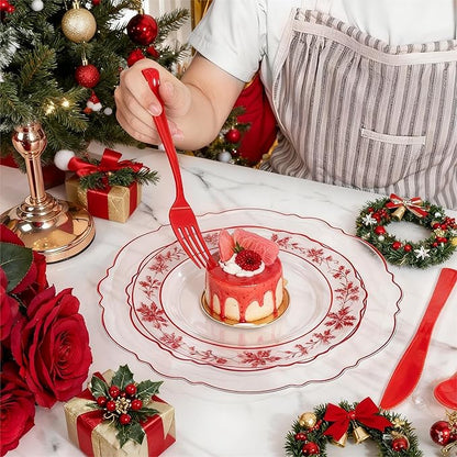 Liacere 400PCS Pre Rolled Red Silverware and Napkin - Disposable Red Plastic Utensils-Wrapped Plastic Cutlery Set with Napkin:100Forks,100Knives,100Spoons,100Napkins for Wedding＆Valentine＆Christmas