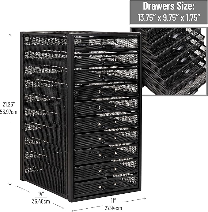Mind Reader 10-Drawer Desk Organizer for Office Supplies, Crafts, Mail Sorting & More, Metal Mesh, 10.75"L x 14"W x 21.25"H, Black