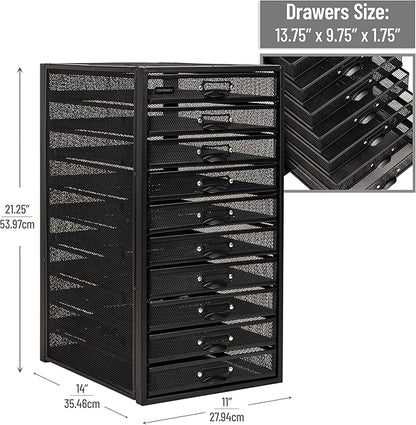 Mind Reader 10-Drawer Desk Organizer for Office Supplies, Crafts, Mail Sorting & More, Metal Mesh, 10.75"L x 14"W x 21.25"H, Black