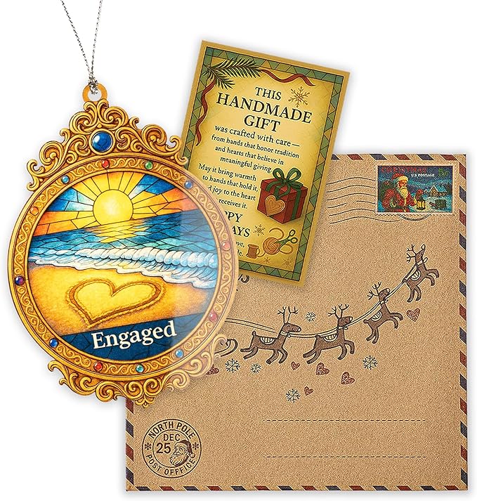 Engaged Ornament 2025 – Beach Sunset Heart Design - Engagement Gift Keepsake for Bride and Groom – Beach Engagement Decor- White Elephant Gifts - Xmas Tree Funny Decoration Mirror