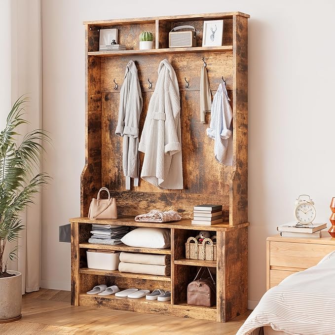 Aiho Hall Tree with Bench and Shoe Storage,5-in-1 Entryway Bench with Coat Rack, Adjustable LED Light, for Hallway, Living Room, Rustic Brown