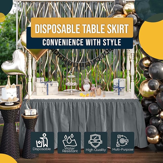 Ruffle Table Skirt Silver 48 Pack 14 Ft Long Table Skirts for Rectangle Tables 6ft Plus or Round Tables Skirts with Adhesive Strip for Gender Reveal Decor & Happy Birthday Parties by Exquisite