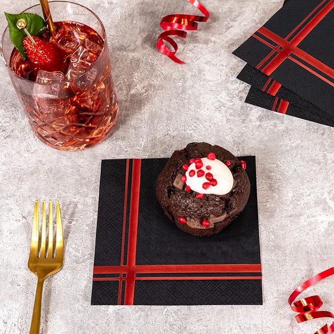 Red on Black Cocktail Napkins - 100 Pack, 5" x 5", 3-Ply Paper - Style Name: Blissful Crossing