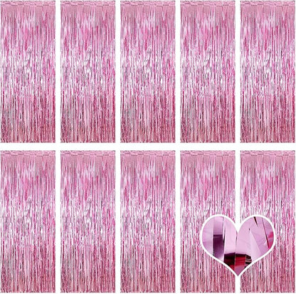 10 Pack Pink Backdrop Curtain 3.2ft x 8.2ft Metallic Tinsel Foil Fringe Curtains Photo Booth Background for Birthday Party Decoration Baby Shower Engagement Wedding Christmas Decoration (Pink)