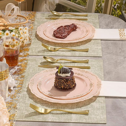 175 PCS Pink Disposable Plates, Elegant Dinnerware Set for 25 Guests, 50 Plastic Plates, 75 Silverware, 25 Cups & 25 Paper Napkins, Pink