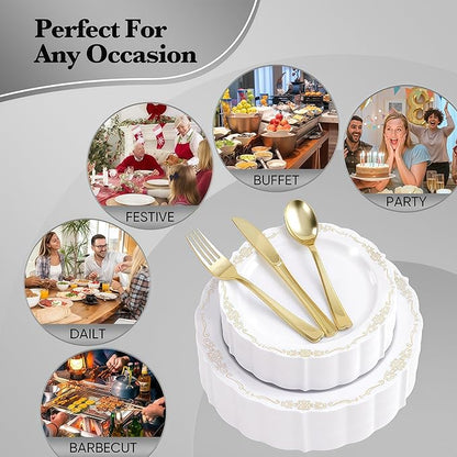 175 PCS White and Gold Disposable Plates, Elegant Dinnerware Set for 25 Guests, 50 Plastic Plates, 75 Silverware, 25 Cups & 25 Paper Napkins, White and Gold