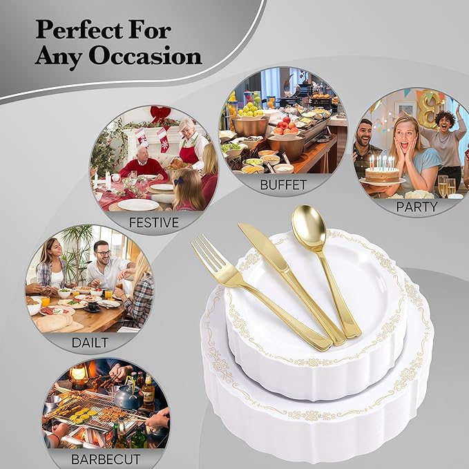 350 PCS White and Gold Disposable Plates, Elegant Dinnerware Set for 50 Guests, 100 Plastic Plates, 150 Silverware, 50 Cups & 50 Paper Napkins, White and Gold