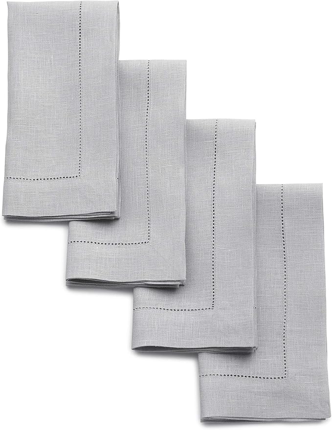 Solino Home Linen Napkins Set of 4 - Classic Hemstitch 100% Pure Linen Soft Grey Dinner Napkins Cloth 20 x 20 Inch for Fall, Autumn, Christmas, Winter, New Year - Handcrafted and Machine Washable
